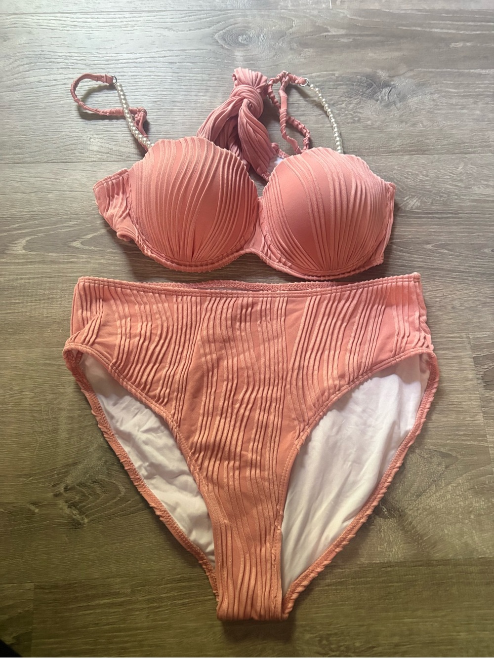 Women’s Pleated Ribbed Bikini Set - Coral Pink